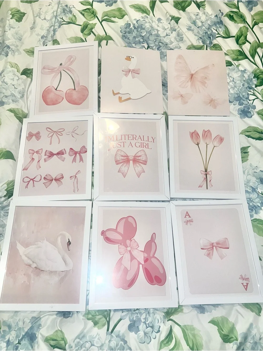 Coquette Wall Decor 16pcs set FT pink and white watercolor prints with Frames!